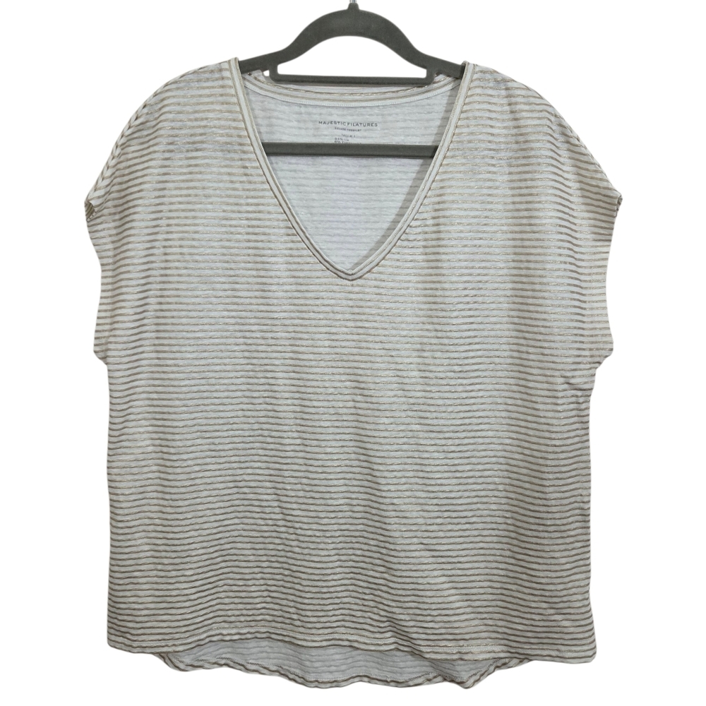 Majestic Filatures Linen Tee Gold Metallic Striped Short Sleeve V-neck XS Boho